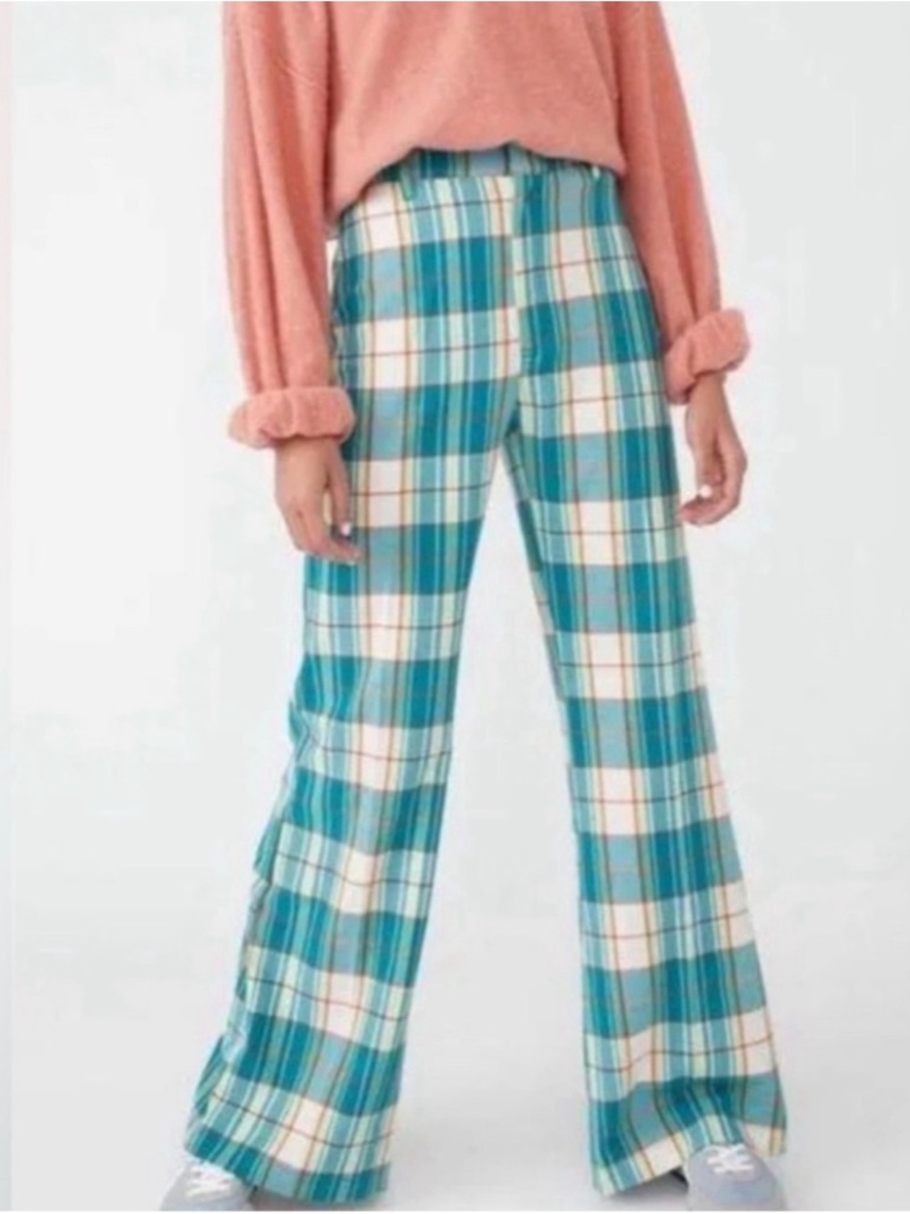 Free People Teal Plaid Wide Leg Pants - Picture 3 of 10
